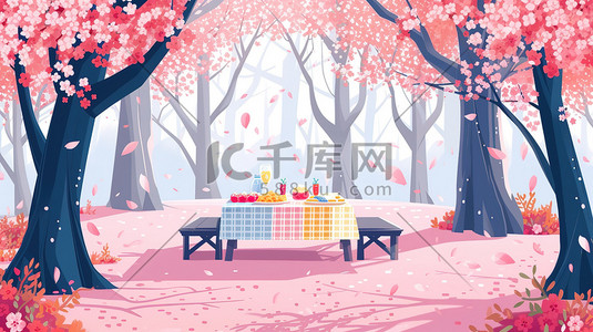 樱花林野餐桌上的美食图片