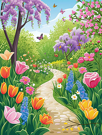春天的花园蜿蜒的小路插画素材
