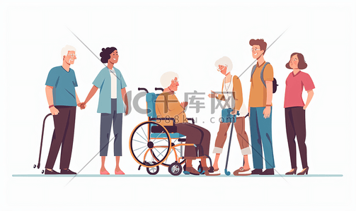 轮椅的老人插画图片_女护工照顾行动不便的老人