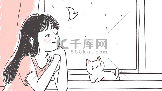 清新卡通可爱的小女孩和小猫咪壁纸插画设计