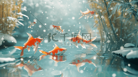 小鱼插画图片_冬季雪景鱼塘里小鱼快活的游动的插画2