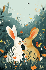 可爱兔子手绘插画海报春天