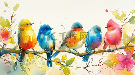麻雀插画图片_彩色水彩树枝上的鸟插画17