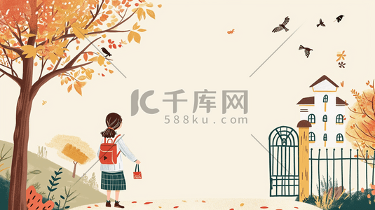 手绘背书插画图片_简约卡通手绘小学生背书包上学的插画1