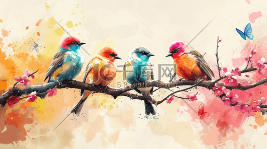 彩色水彩树枝上的鸟插画18
