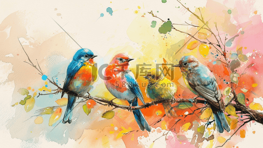 麻雀插画图片_彩色水彩树枝上的鸟插画111