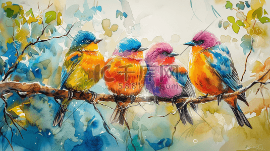 彩色水彩树枝上的鸟插画2