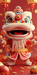 精神兴奋插画图片_狮子喜庆新年红色立体海报插画