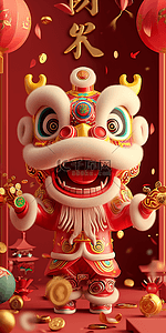 影响大小插画图片_狮子喜庆红色新年立体海报插画