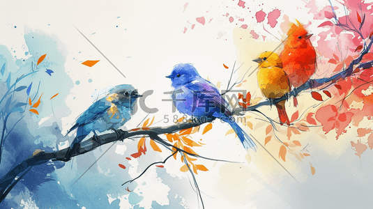 麻雀插画图片_彩色水彩树枝上的鸟插画15