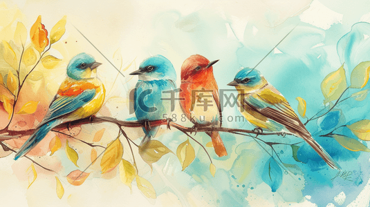 彩色水彩树枝上的鸟插画7