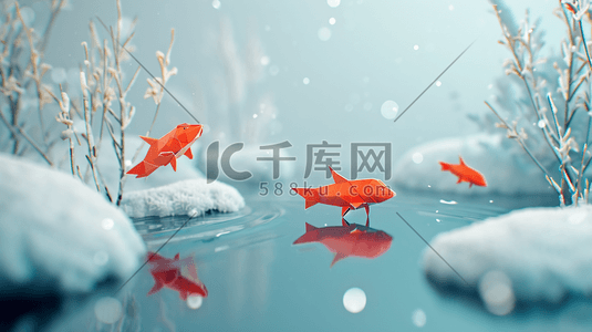 冬季雪景鱼塘里小鱼快活的游动的插画1