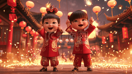 红色中国新年小孩子开心放鞭炮的插画6