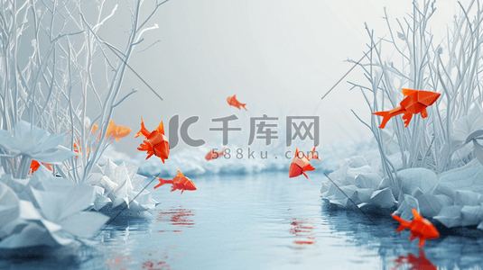 鱼塘插画图片_冬季雪景鱼塘里小鱼快活的游动的插画15