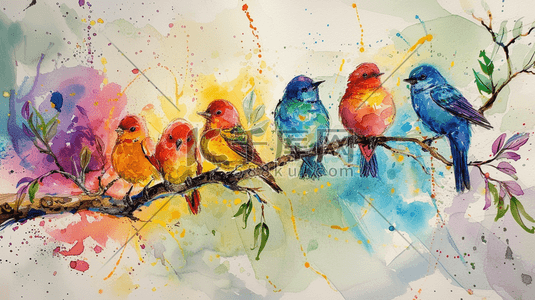 麻雀插画图片_彩色水彩树枝上的鸟插画8