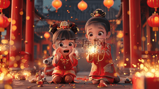 红色中国新年小孩子开心放鞭炮的插画5