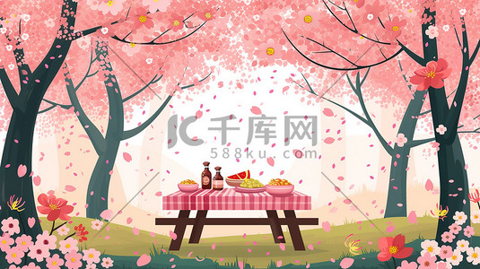 樱花林野餐桌上的美食插图