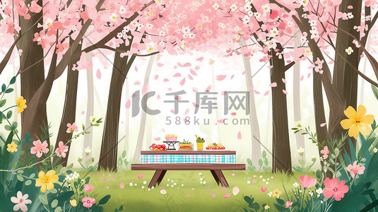 樱花林野餐桌上的美食插画