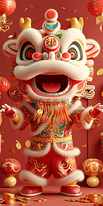 立体的灯笼插画图片_新年喜庆红色狮子立体海报插画