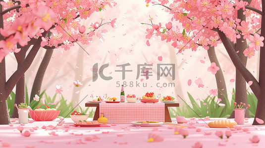 樱花林野餐桌上的美食插画设计