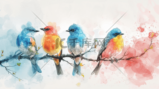 彩色水彩树枝上的鸟插画16