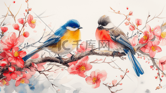 彩色水彩树枝上的鸟插画3