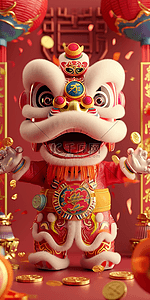 粉丝增加插画图片_新年狮子喜庆红色立体海报插画