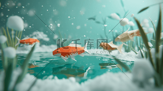 冬季雪景鱼塘里小鱼快活的游动的插画8