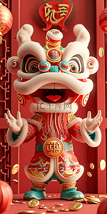 立体的灯笼插画图片_狮子喜庆红色立体海报插画新年