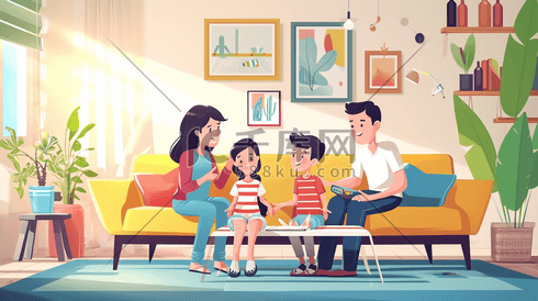 卡通手绘客厅里一家人开心聊天的插画8