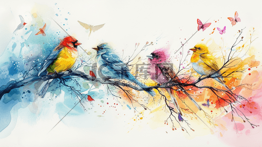 麻雀插画图片_彩色水彩树枝上的鸟插画4
