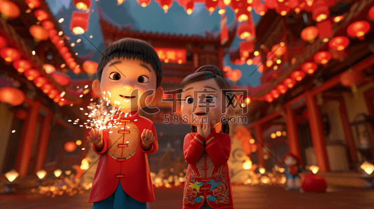 新年放鞭炮的插画图片_红色中国新年小孩子开心放鞭炮的插画3