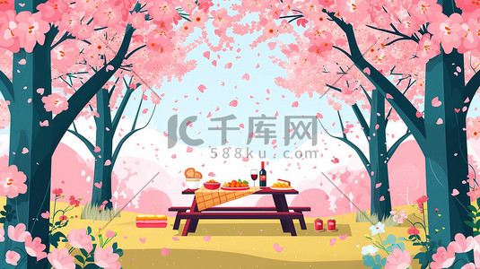 樱花林野餐桌上的美食矢量插画