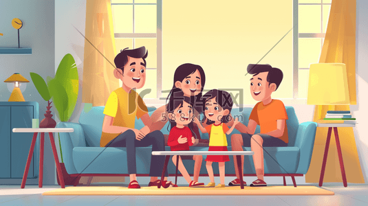卡通手绘客厅里一家人开心聊天的插画9