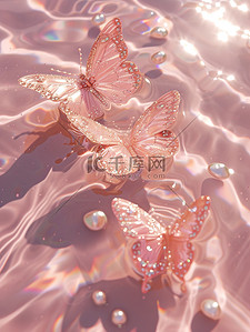 粉色插图插画图片_水池中珍珠水晶蝴蝶淡粉色插图