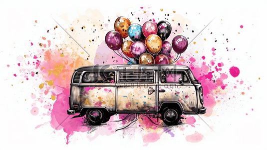 简约的手绘图案插画图片_卡通漫画彩色汽车上有气球的插画11