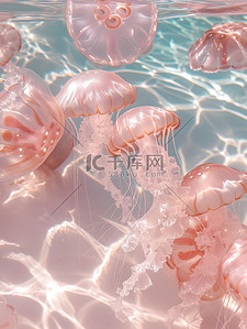 珍珠和透明的水晶水母漂浮插画海报