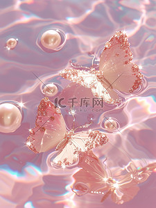 水池中珍珠水晶蝴蝶淡粉色素材