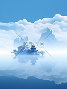 水中山景传统建筑中国风原创插画