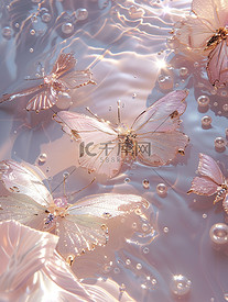 水池中珍珠水晶蝴蝶淡粉色插画设计