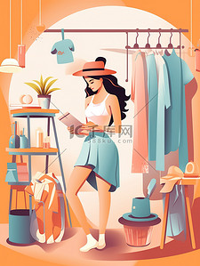 消费插画图片_女性在买化妆品和衣服插画