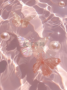 蝴蝶插画图片_水池中珍珠水晶蝴蝶淡粉色插画素材