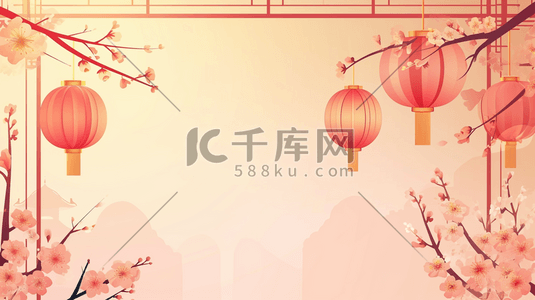 简约中式国画树枝灯笼风景的插画3