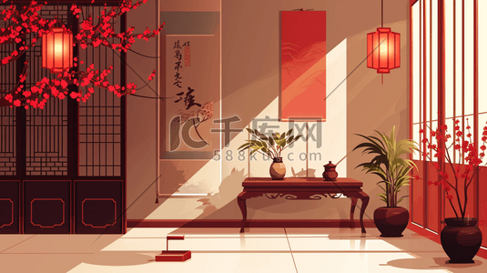 梅花装饰插画图片_中国古建筑一角装饰插画7