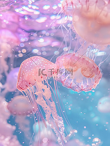 珍珠和透明的水晶水母漂浮插画海报