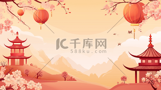 简约中式国画树枝灯笼风景的插画23