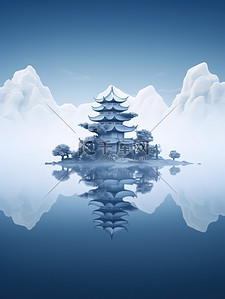 中山底图插画图片_水中山景传统建筑中国风图片