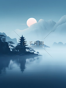 水中山景传统建筑中国风插画设计