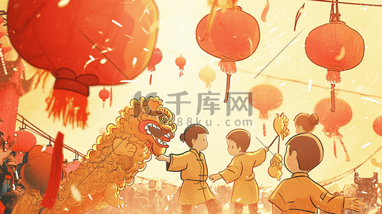 春节黄色灯笼插画图片_手绘中国龙年春节小孩子玩舞狮的插画5