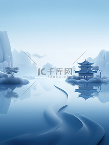水中山景传统建筑中国风插画设计